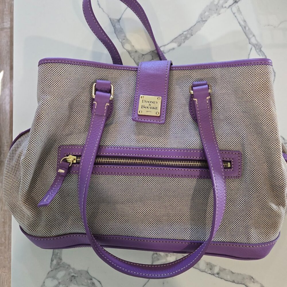 Dooney & Bourke Canvas Purple Leather Trims/Straps Large Shoulder Purse/Tote